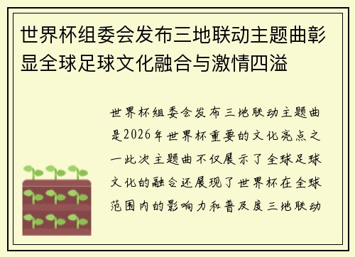 世界杯组委会发布三地联动主题曲彰显全球足球文化融合与激情四溢 世界杯组委会发布三地联动主题曲彰显全球足球文化融合与激情四溢