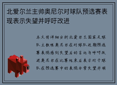 北爱尔兰主帅奥尼尔对球队预选赛表现表示失望并呼吁改进 北爱尔兰主帅奥尼尔对球队预选赛表现表示失望并呼吁改进